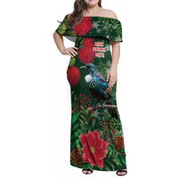 Tui Meri Kirihimete Personalised Family Matching Off Shoulder Maxi Dress and Hawaiian Shirt Pohutukawa Flowers Green Motif - Polynesian Pride