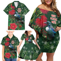 Tui Meri Kirihimete Personalised Family Matching Off Shoulder Short Dress and Hawaiian Shirt Pohutukawa Flowers Green Motif - Polynesian Pride