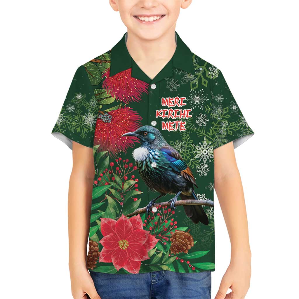 Tui Meri Kirihimete Personalised Family Matching Off Shoulder Short Dress and Hawaiian Shirt Pohutukawa Flowers Green Motif - Polynesian Pride