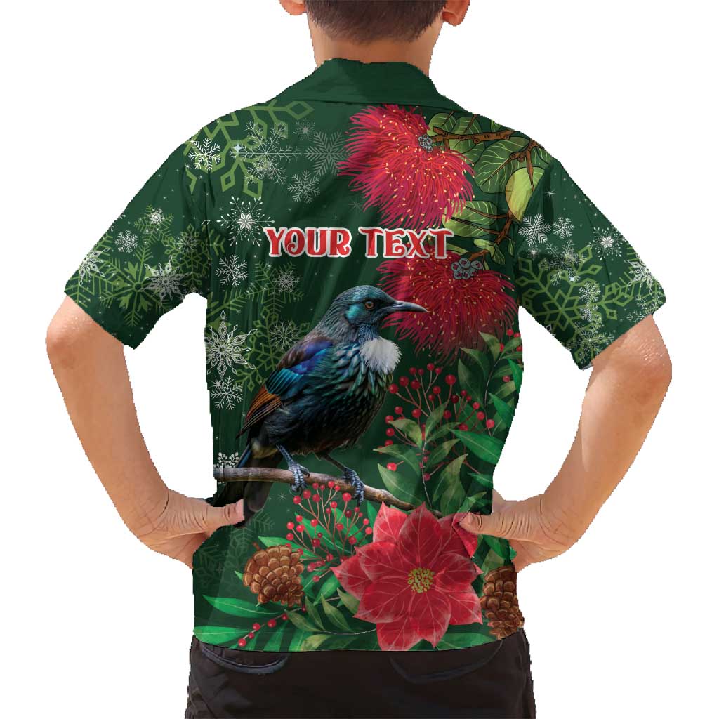 Tui Meri Kirihimete Personalised Family Matching Puletasi and Hawaiian Shirt Pohutukawa Flowers Green Motif - Polynesian Pride