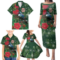 Tui Meri Kirihimete Personalised Family Matching Puletasi and Hawaiian Shirt Pohutukawa Flowers Green Motif - Polynesian Pride