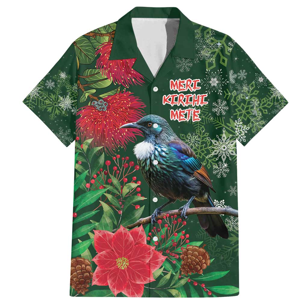 Tui Meri Kirihimete Personalised Family Matching Puletasi and Hawaiian Shirt Pohutukawa Flowers Green Motif - Polynesian Pride