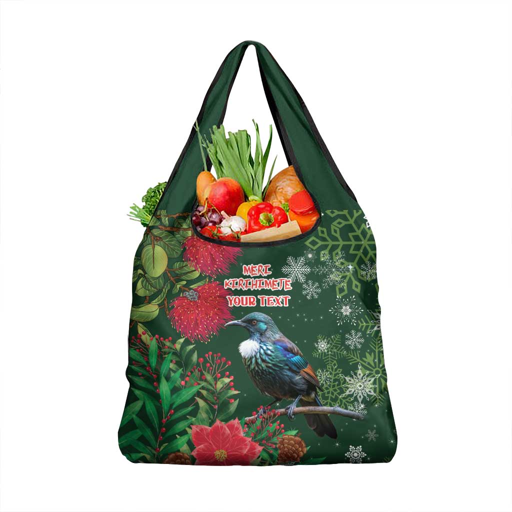 Tui Meri Kirihimete Personalised Grocery Bag Pohutukawa Flowers Green Motif - Polynesian Pride