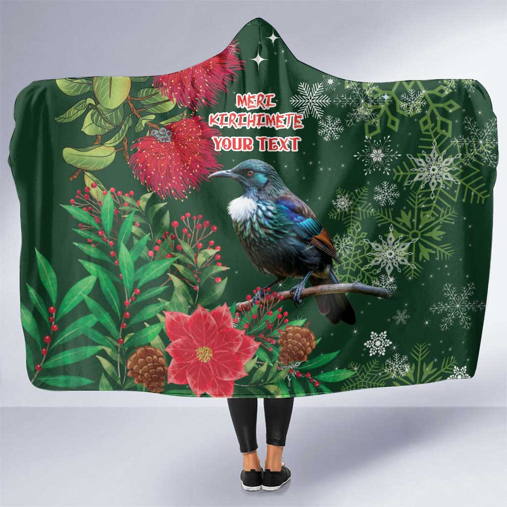 Tui Meri Kirihimete Personalised Hooded Blanket Pohutukawa Flowers Green Motif - Polynesian Pride