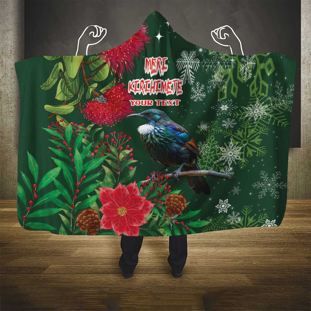 Tui Meri Kirihimete Personalised Hooded Blanket Pohutukawa Flowers Green Motif - Polynesian Pride