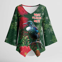 Tui Meri Kirihimete Personalised Kimono Sleeve Blouse Pohutukawa Flowers Green Motif - Polynesian Pride