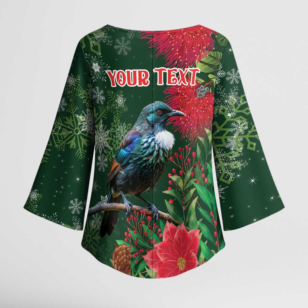Tui Meri Kirihimete Personalised Kimono Sleeve Blouse Pohutukawa Flowers Green Motif - Polynesian Pride