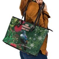 Tui Meri Kirihimete Personalised Leather Tote Bag Pohutukawa Flowers Green Motif - Polynesian Pride