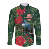 Tui Meri Kirihimete Personalised Long Sleeve Button Shirt Pohutukawa Flowers Green Motif - Polynesian Pride