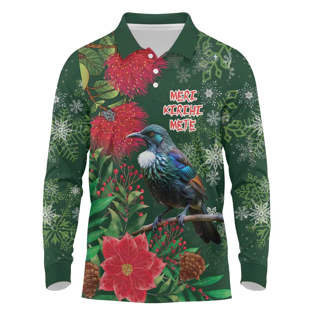 Tui Meri Kirihimete Personalised Long Sleeve Polo Shirt Pohutukawa Flowers Green Motif - Polynesian Pride