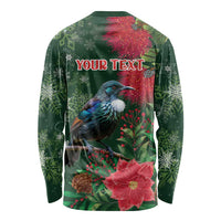 Tui Meri Kirihimete Personalised Long Sleeve Shirt Pohutukawa Flowers Green Motif - Polynesian Pride