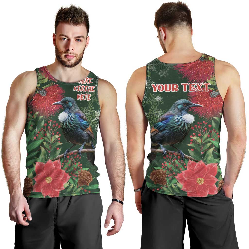 Tui Meri Kirihimete Personalised Men Tank Top Pohutukawa Flowers Green Motif - Polynesian Pride