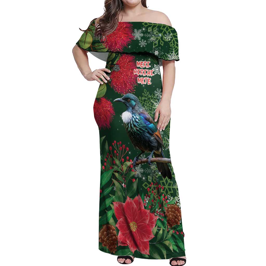 Tui Meri Kirihimete Personalised Off Shoulder Maxi Dress Pohutukawa Flowers Green Motif - Polynesian Pride