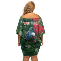 Tui Meri Kirihimete Personalised Off Shoulder Short Dress Pohutukawa Flowers Green Motif - Polynesian Pride