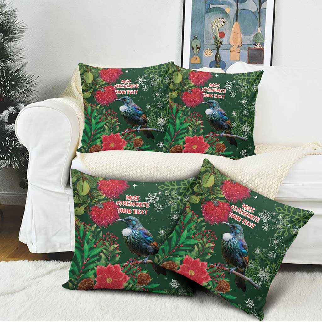 Tui Meri Kirihimete Personalised Pillow Cover Pohutukawa Flowers Green Motif - Polynesian Pride