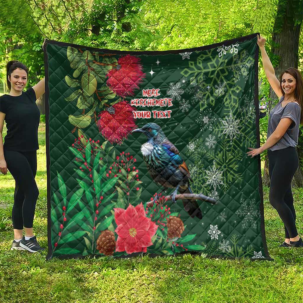 Tui Meri Kirihimete Personalised Quilt Pohutukawa Flowers Green Motif - Polynesian Pride