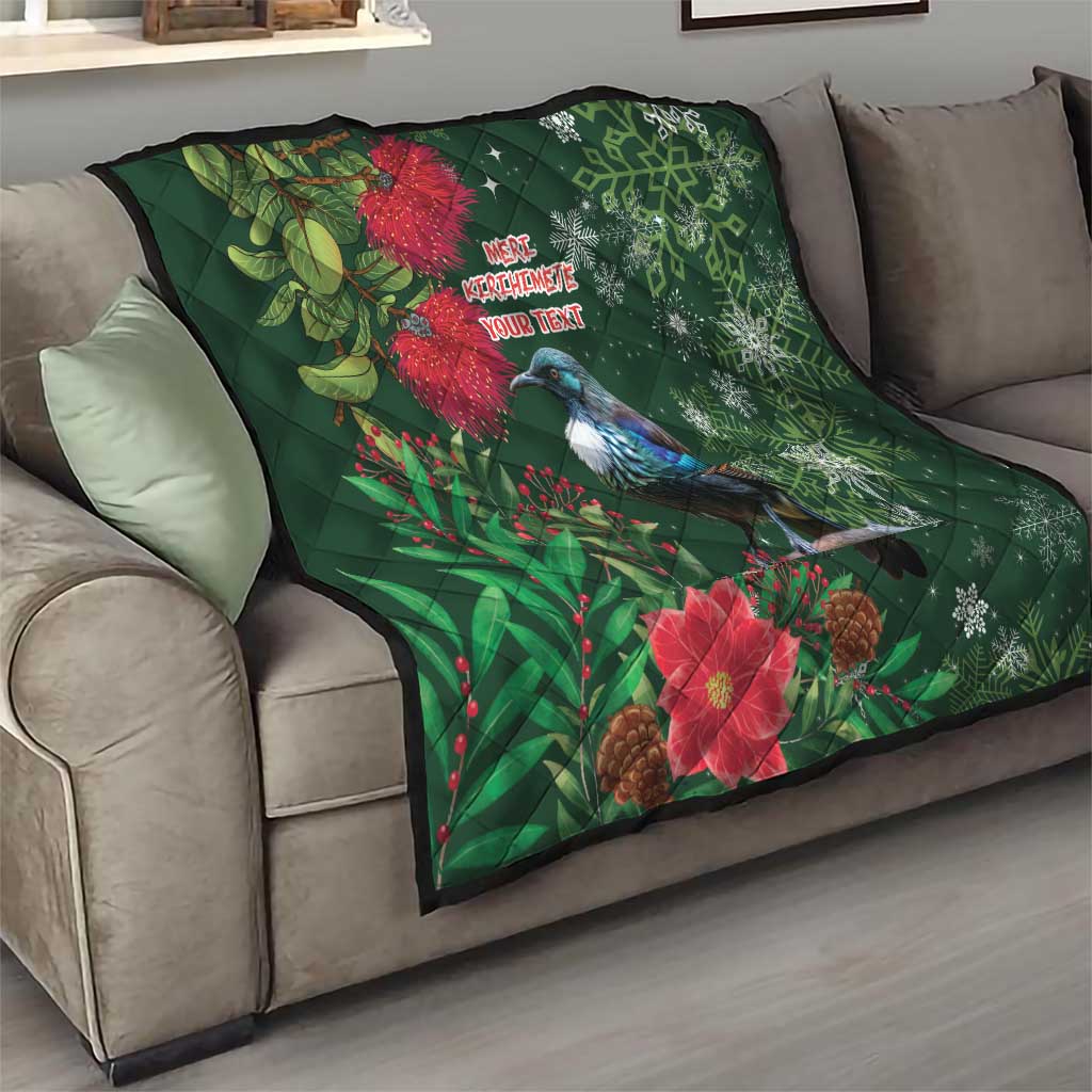 Tui Meri Kirihimete Personalised Quilt Pohutukawa Flowers Green Motif - Polynesian Pride