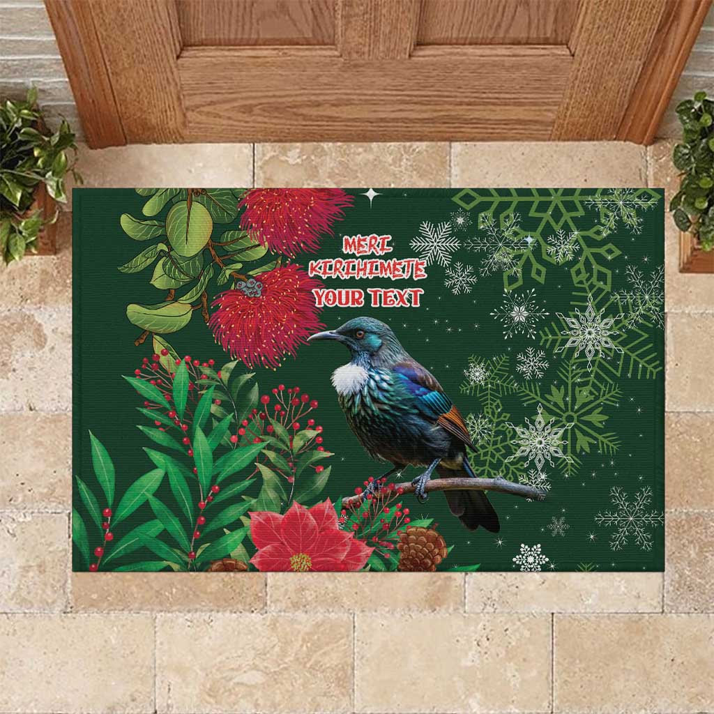 Tui Meri Kirihimete Personalised Rubber Doormat Pohutukawa Flowers Green Motif - Polynesian Pride