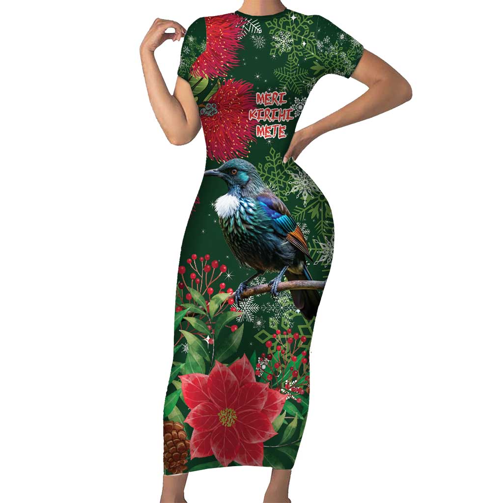 Tui Meri Kirihimete Personalised Short Sleeve Bodycon Dress Pohutukawa Flowers Green Motif - Polynesian Pride