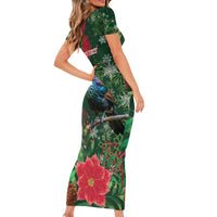 Tui Meri Kirihimete Personalised Short Sleeve Bodycon Dress Pohutukawa Flowers Green Motif - Polynesian Pride