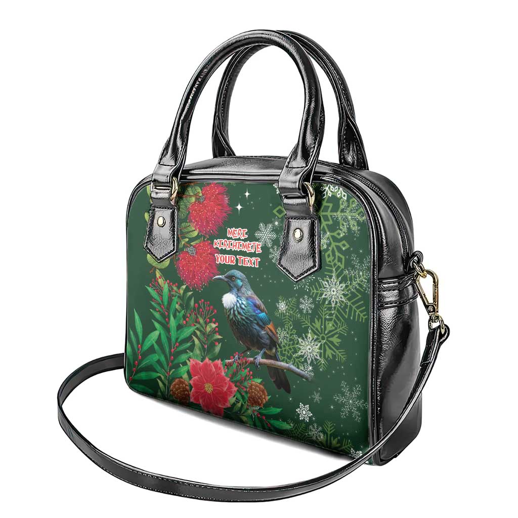 Tui Meri Kirihimete Personalised Shoulder Handbag Pohutukawa Flowers Green Motif - Polynesian Pride