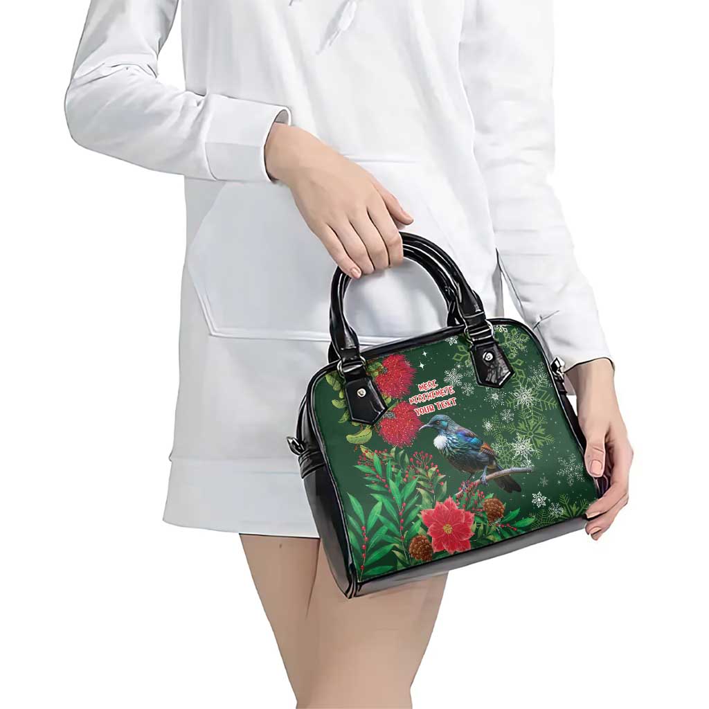 Tui Meri Kirihimete Personalised Shoulder Handbag Pohutukawa Flowers Green Motif - Polynesian Pride