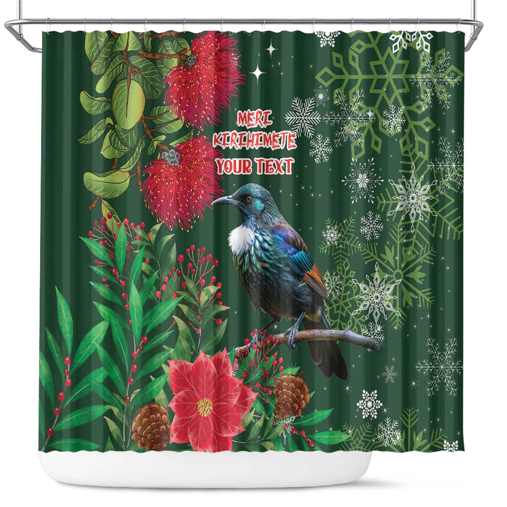 Tui Meri Kirihimete Personalised Shower Curtain Pohutukawa Flowers Green Motif - Polynesian Pride