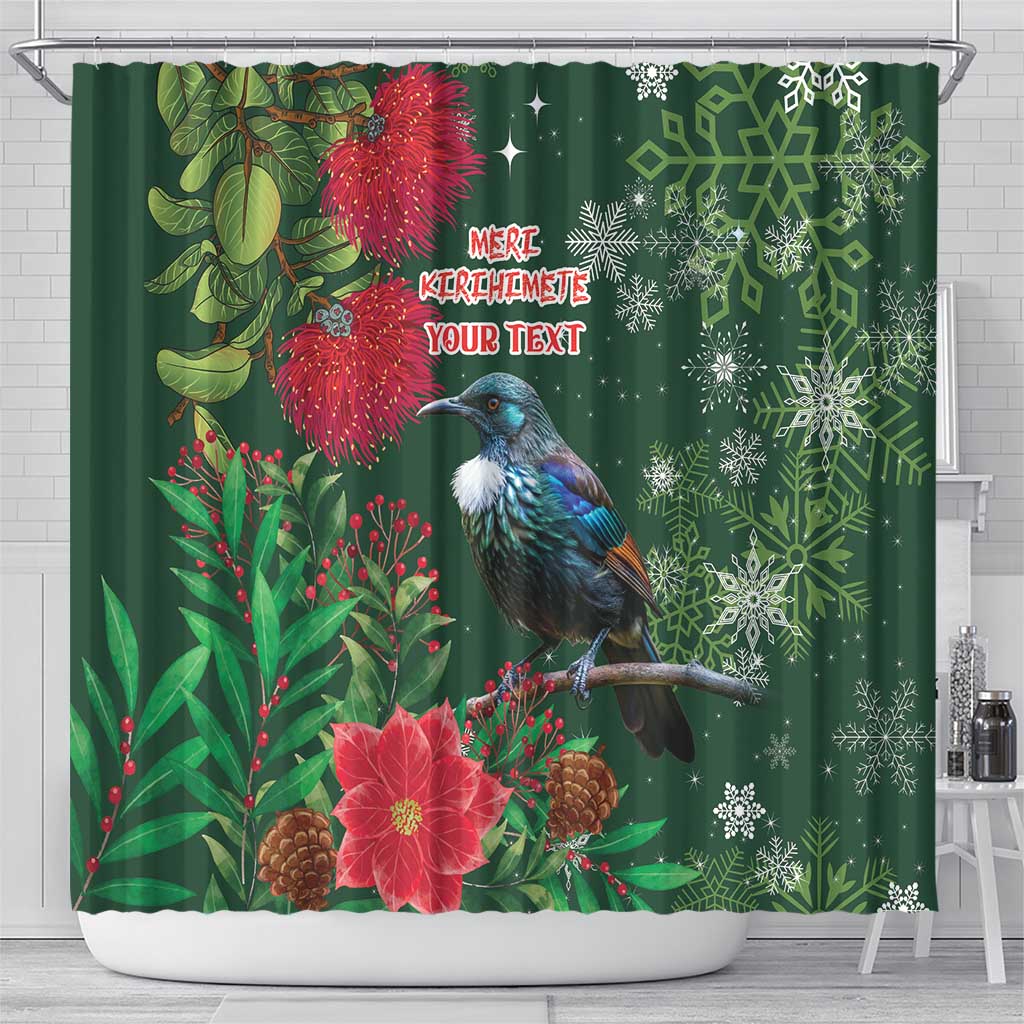 Tui Meri Kirihimete Personalised Shower Curtain Pohutukawa Flowers Green Motif - Polynesian Pride