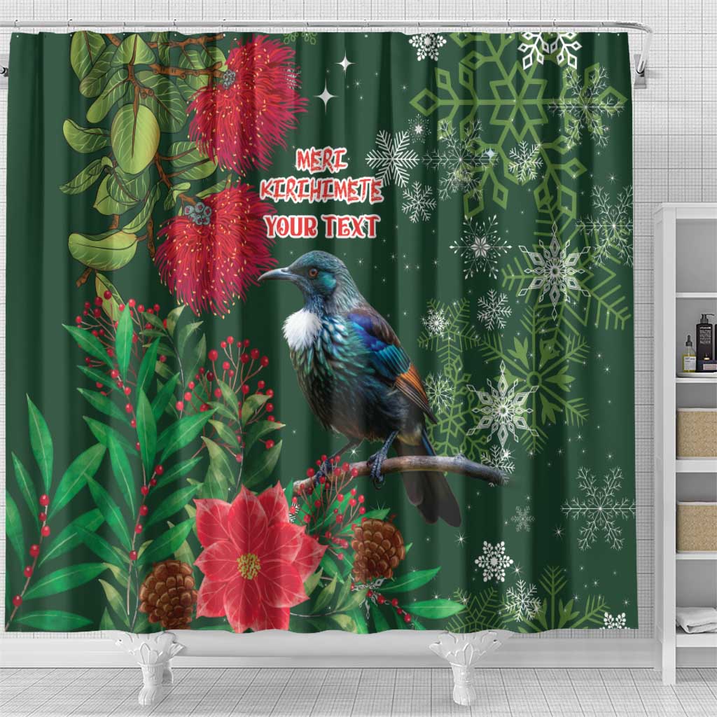 Tui Meri Kirihimete Personalised Shower Curtain Pohutukawa Flowers Green Motif - Polynesian Pride