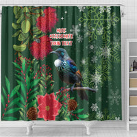 Tui Meri Kirihimete Personalised Shower Curtain Pohutukawa Flowers Green Motif - Polynesian Pride