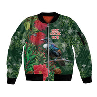 Tui Meri Kirihimete Personalised Sleeve Zip Bomber Jacket Pohutukawa Flowers Green Motif - Polynesian Pride