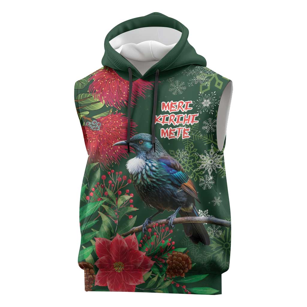Tui Meri Kirihimete Personalised Sleeveless Hoodie Pohutukawa Flowers Green Motif - Polynesian Pride