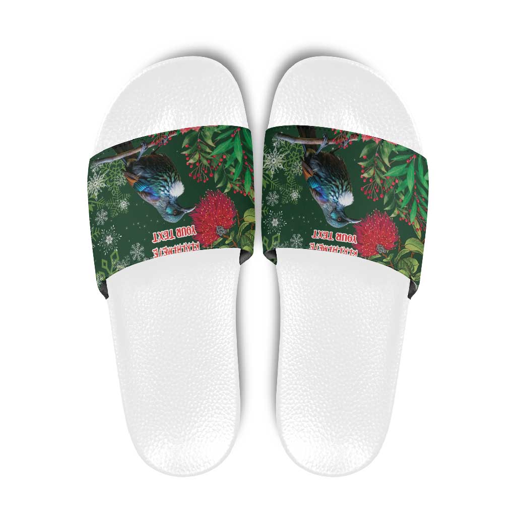 Tui Meri Kirihimete Personalised Slide Sandals Pohutukawa Flowers Green Motif - Polynesian Pride