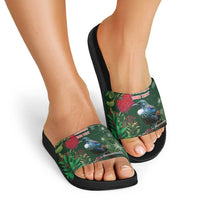 Tui Meri Kirihimete Personalised Slide Sandals Pohutukawa Flowers Green Motif - Polynesian Pride