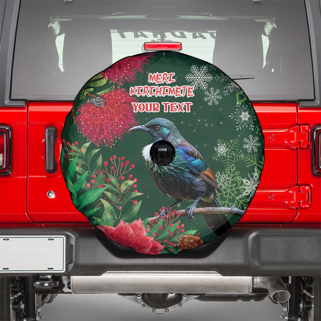 Tui Meri Kirihimete Personalised Spare Tire Cover Pohutukawa Flowers Green Motif - Polynesian Pride