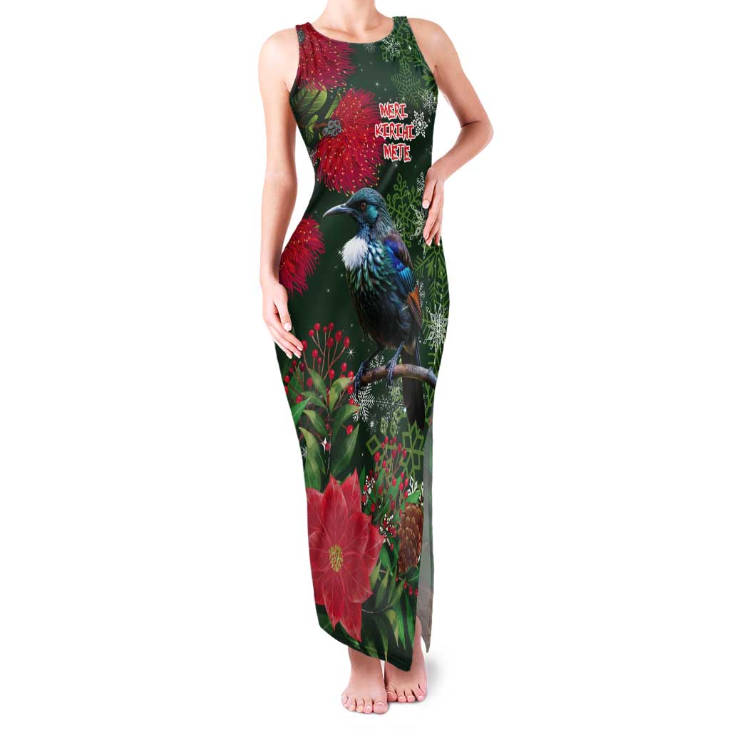 Tui Meri Kirihimete Personalised Tank Maxi Dress Pohutukawa Flowers Green Motif - Polynesian Pride