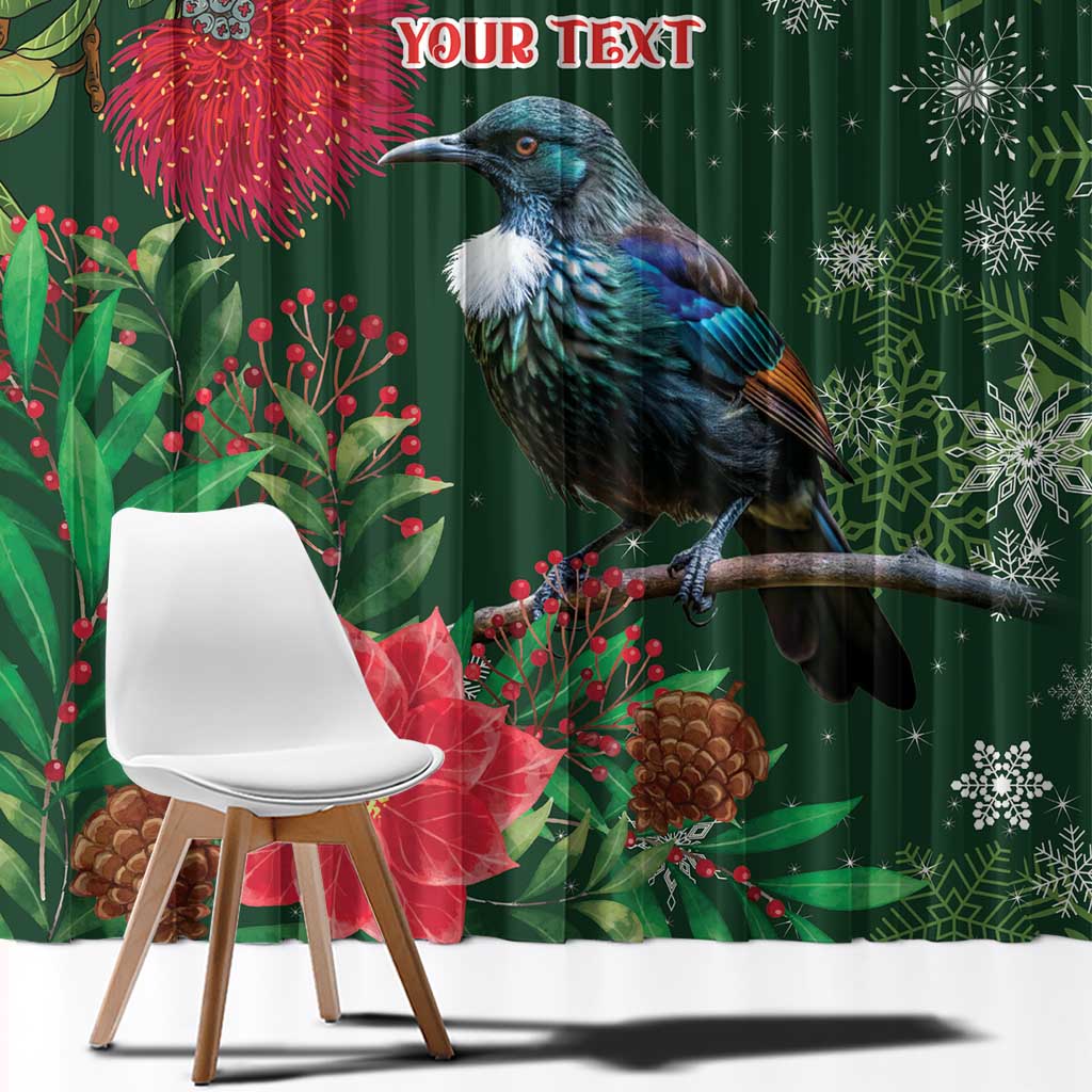 Tui Meri Kirihimete Personalised Window Curtain Pohutukawa Flowers Green Motif - Polynesian Pride