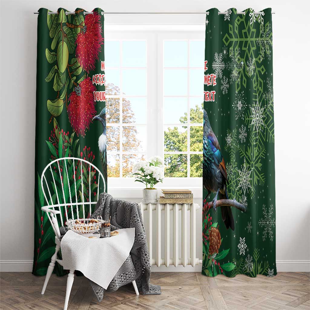 Tui Meri Kirihimete Personalised Window Curtain Pohutukawa Flowers Green Motif - Polynesian Pride
