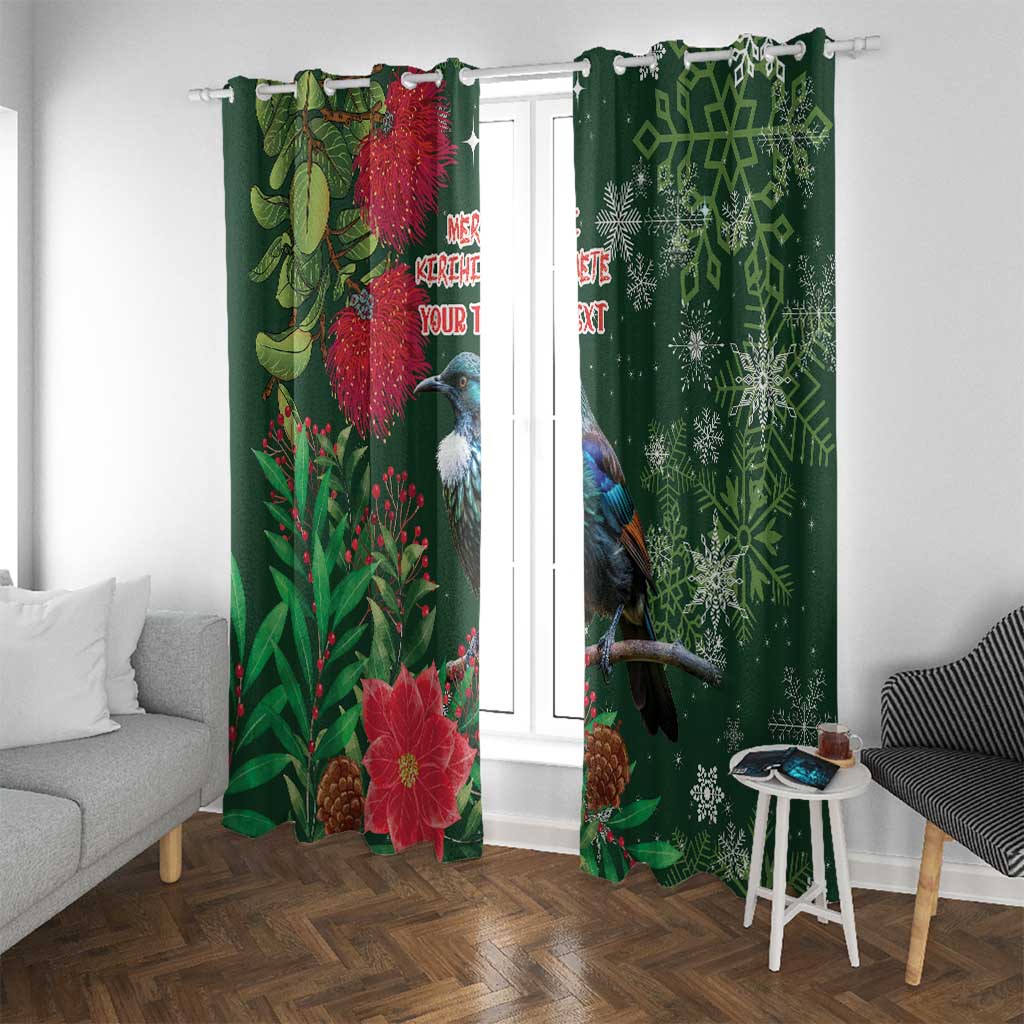 Tui Meri Kirihimete Personalised Window Curtain Pohutukawa Flowers Green Motif - Polynesian Pride