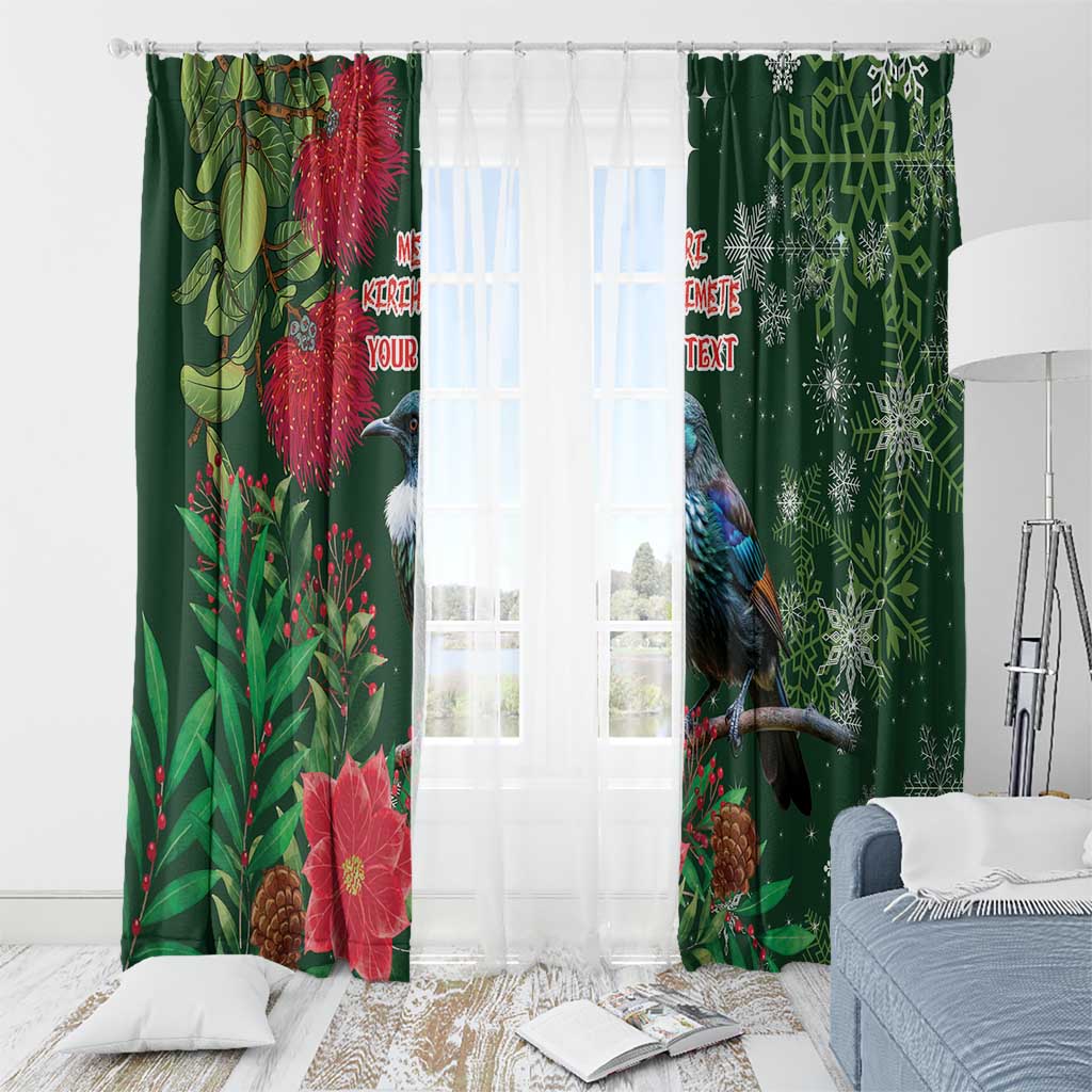 Tui Meri Kirihimete Personalised Window Curtain Pohutukawa Flowers Green Motif - Polynesian Pride