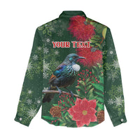 Tui Meri Kirihimete Personalised Women Casual Shirt Pohutukawa Flowers Green Motif - Polynesian Pride
