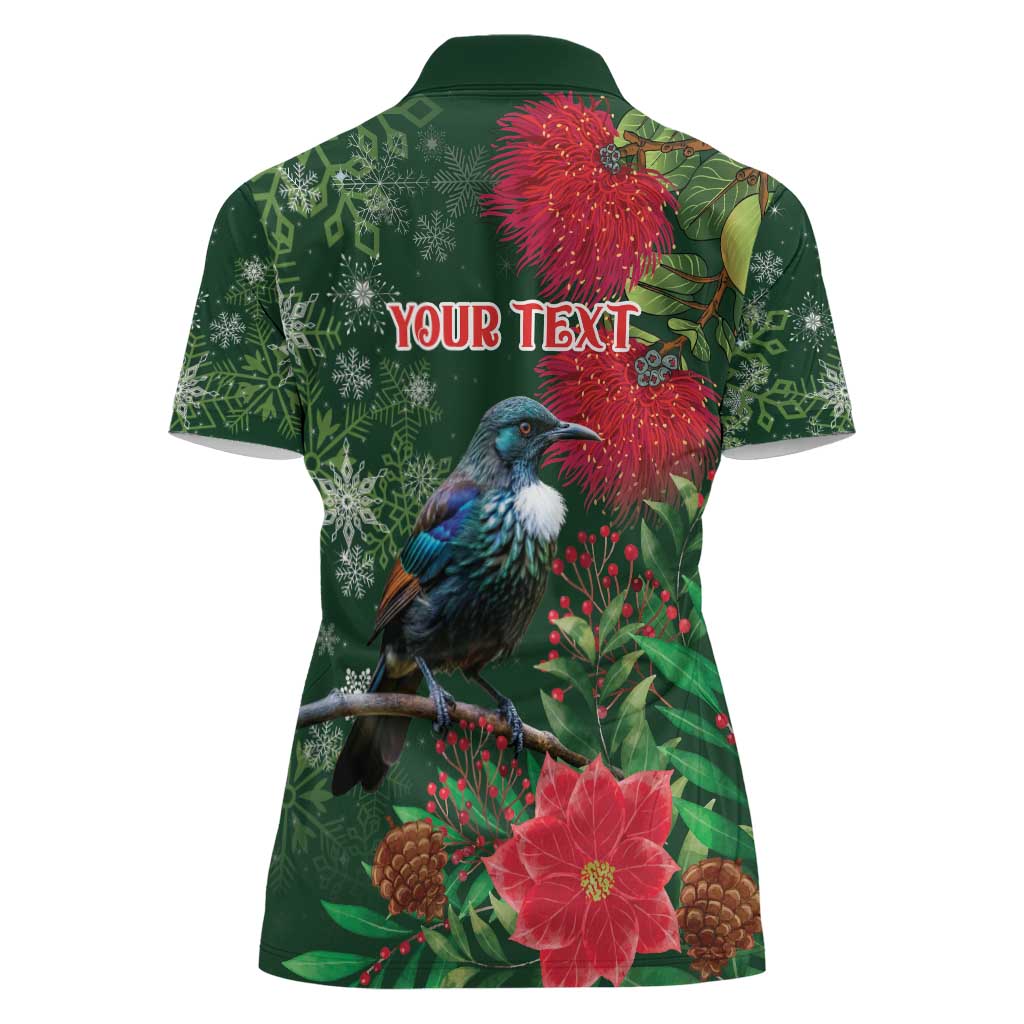 Tui Meri Kirihimete Personalised Women Polo Shirt Pohutukawa Flowers Green Motif LT9 - Polynesian Pride