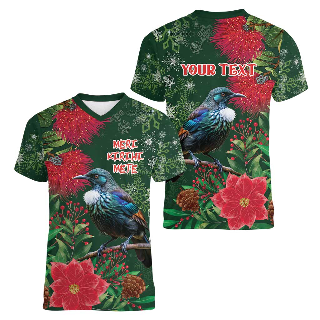 Tui Meri Kirihimete Personalised Women V-Neck T-Shirt Pohutukawa Flowers Green Motif - Polynesian Pride