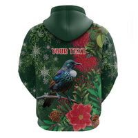 Tui Meri Kirihimete Personalised Zip Hoodie Pohutukawa Flowers Green Motif - Polynesian Pride