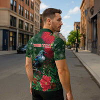 Tui Meri Kirihimete Personalised Zipper Polo Shirt Pohutukawa Flowers Green Motif - Polynesian Pride