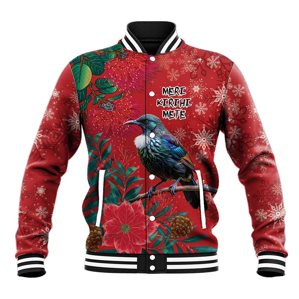 Tui Meri Kirihimete Personalised Baseball Jacket Pohutukawa Flowers Red Motif - Polynesian Pride