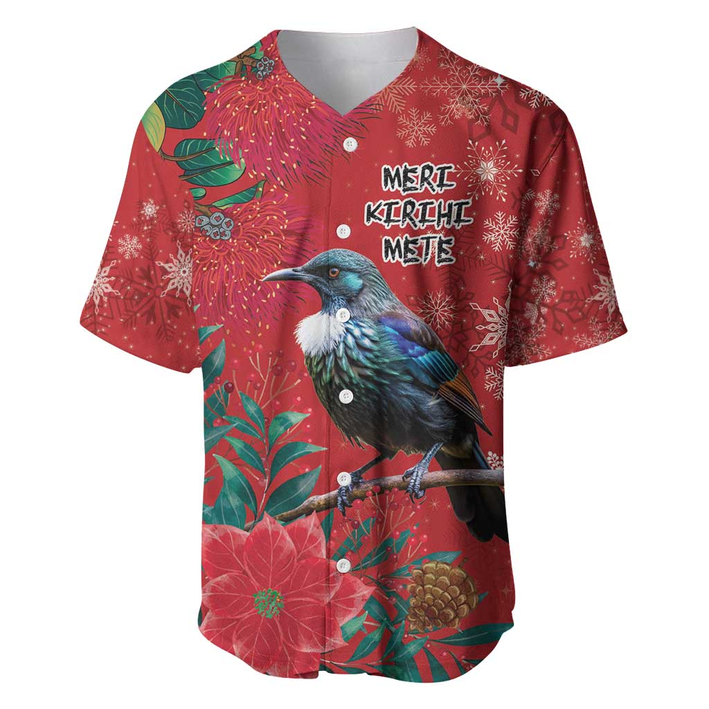 Tui Meri Kirihimete Personalised Baseball Jersey Pohutukawa Flowers Red Motif - Polynesian Pride