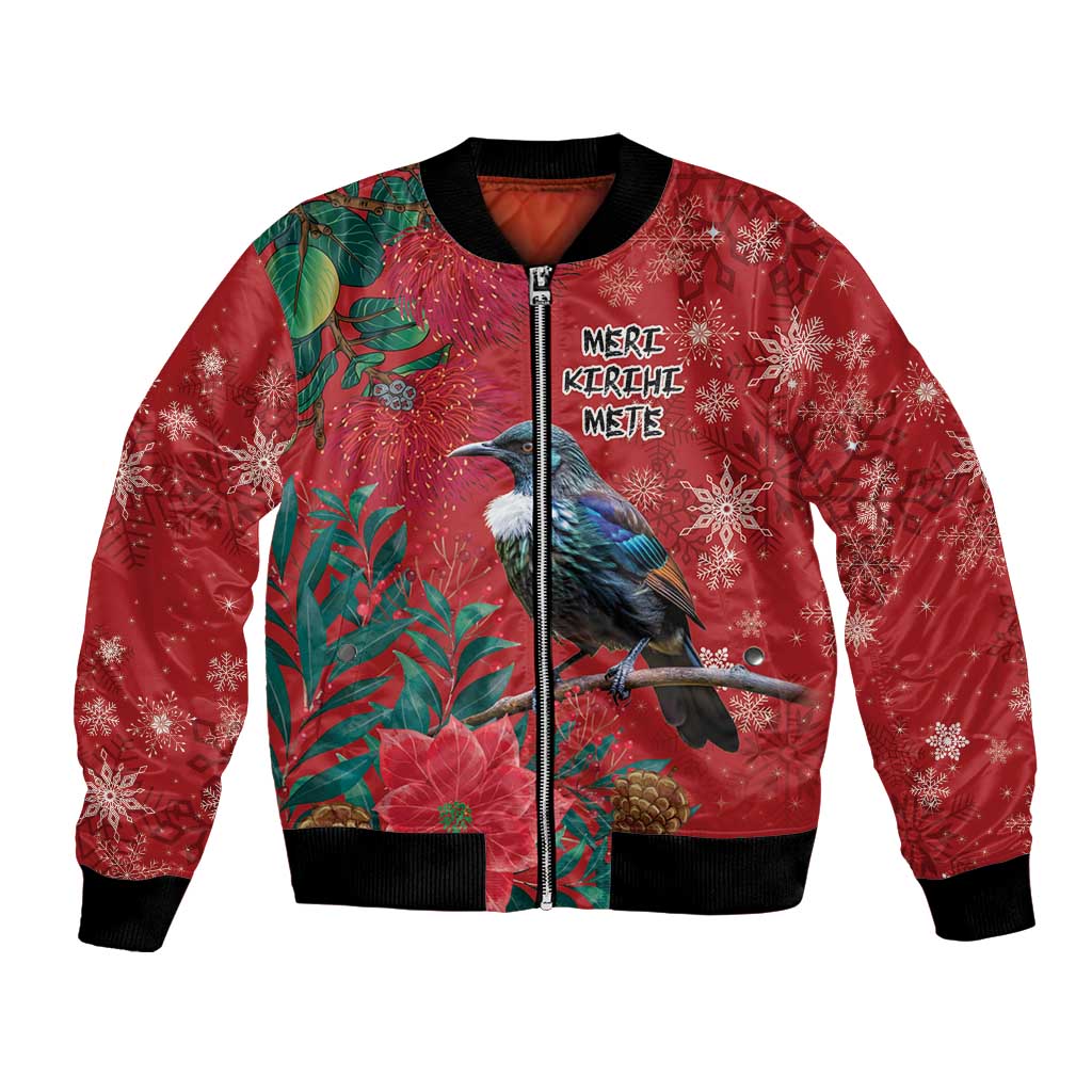Tui Meri Kirihimete Personalised Bomber Jacket Pohutukawa Flowers Red Motif - Polynesian Pride