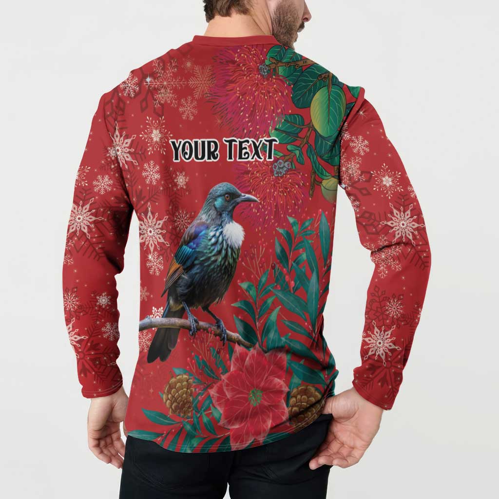 Tui Meri Kirihimete Personalised Button Sweatshirt Pohutukawa Flowers Red Motif - Polynesian Pride