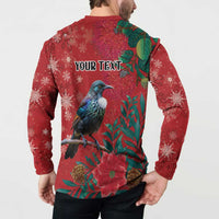Tui Meri Kirihimete Personalised Button Sweatshirt Pohutukawa Flowers Red Motif - Polynesian Pride